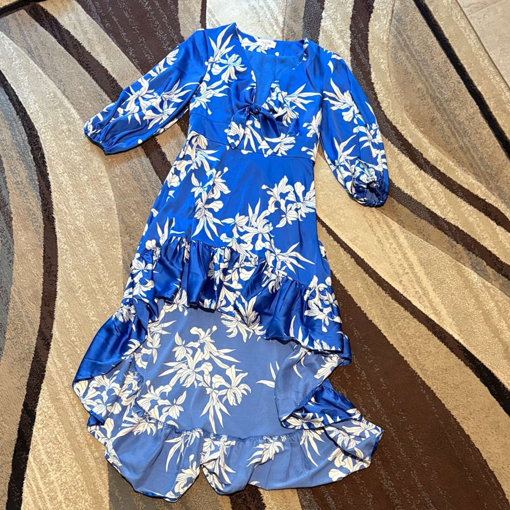 Alexis Blue and White Floral High-Low Dress
